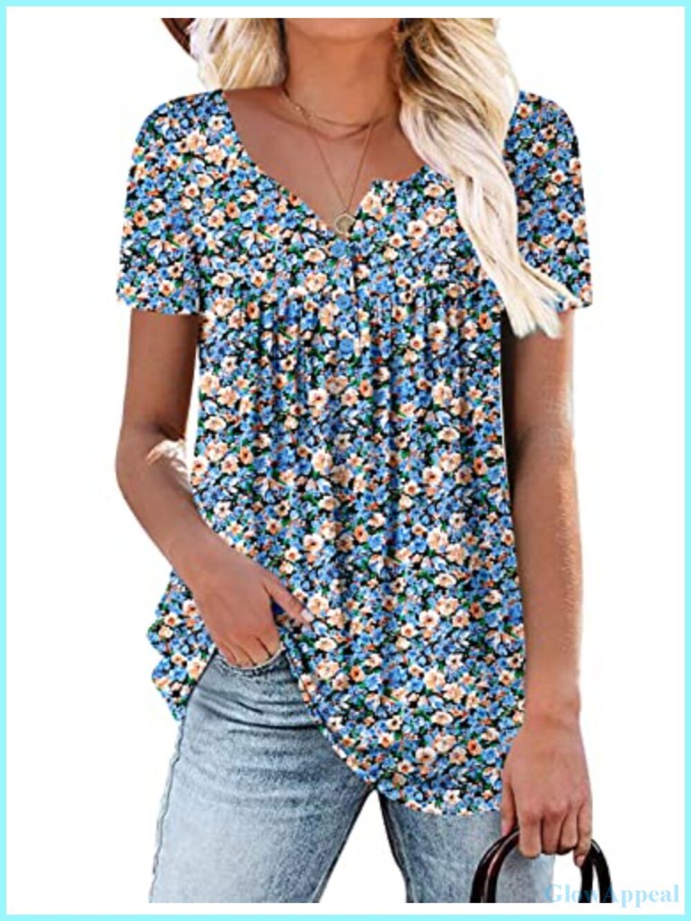 Women's Floral V-Neck Ruffle Tunic Top Loose Fit Short Sleeve Blouse